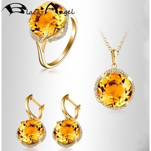 BLACK ANGEL 2020 New Luxury Citrine Wedding Jewelry Set Long Clip Earrings Necklace Ring For Women Engagement Christmas Gift