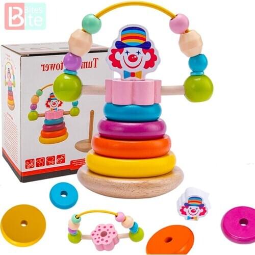 Biter Teether Wooden Rainbow Tower Stacking Ring Toys Rotating Clown Early Education Puzzle Stacker Toddler Toys Gift for Kids