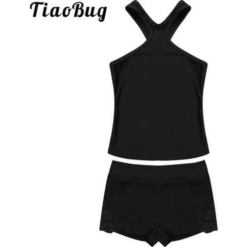 Tiaobug Kids Lace Side Ballet Dance Costume Teens Girls Gymnastics Shorts Tank Top Set Ballet Class Gym Sports Kids Dance Wear