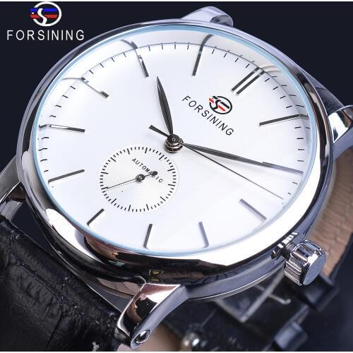 Forsining White Male Mechanical Watches Minimalism Simple Slim Analog Genuine Leather Belts Business Wristwatch Erkek Kol Saati