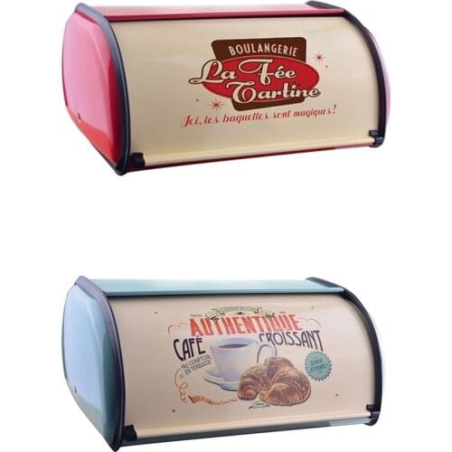 French Vintage Bread Box Storage Bin Rollup Top Light Gray Small Powder Coated Bread Iron Snack Boxes for Kitchen Home Decor