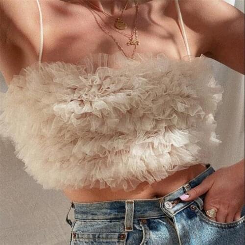 FUFUCAILLM Fuzzy Cloud Mesh Tube Tops Womens Lace-up Vest Sleeveless Off-Shoulder Casual Party Layered Wrapped Chest Bustier