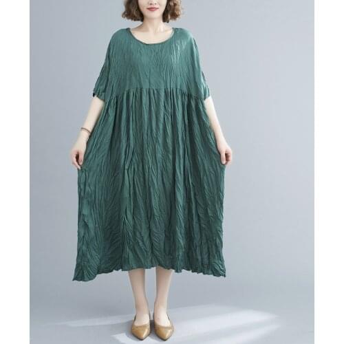 Johnature Women Cotton Dress O-Neck Short Sleeve Pleated Dress 2021 Summer New Solid Color Base Soft Long Dress