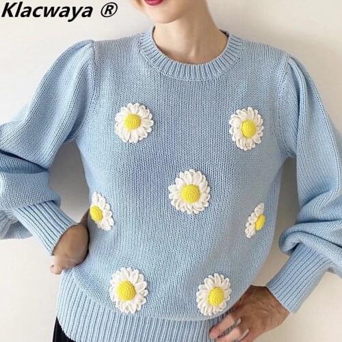 Klacwaya 2021 Women Fashion Flowers Embroidery Knitted Sweater Vintage O Neck Long Sleeve Female Autumn Pullovers Chic Tops