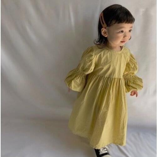 2021 Ins Japanese Korean Spring Summer Girls Dress Kids Puff Sleeve Linen Cotton Princess Dresses Baby Outfits Clothes