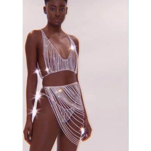 Luxury Rhinestone Tassel Body Chain Harness Bra Vest Chest Chain Top Jewelry for Women Sexy Crystal Thong and Bra Underwear Set