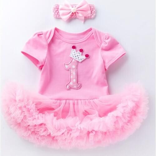Cute Newborn Baby Girl Dress Baby Tutu Rompe Dress Infant Birthday Dress with Bow Headband 1 Year Girl Baby Birthday Dress 0-24M
