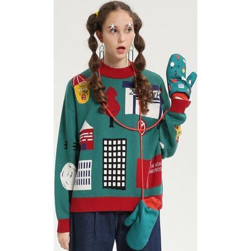 Fashion Vintages Sweaters New Spring Autumn Women Thicken Woolen Pullovers Splicing Patterns Cute Preppy Sweater Kinted Tops