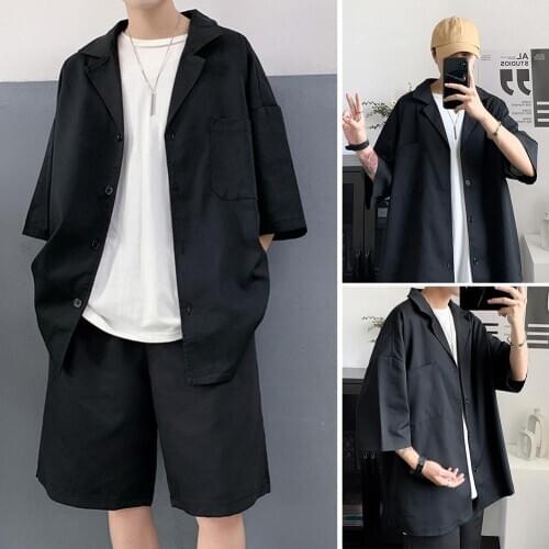 Men Summer Fashion Casual Short Sleeves Pockets Shirt Top Shorts Pants Suit Loose Straight Cylinder Active Pants