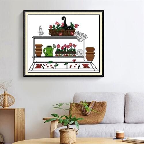 14CT Cross Stitch Kit Cartoon Little Black Cat Playing Pattern in the Garden Joy Sunday Embroidery Set Home Decoration Painting