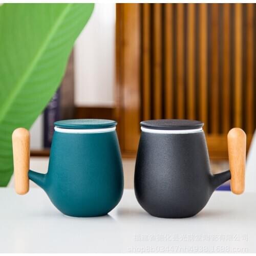 300ml Simple Art Ceramic Matte Black and White Coffee Cup Set Home Afternoon Tea Flower Tea Cup Wooden Handle Luxury Couple Mug