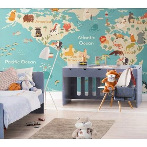 Papel de parede Cartoon animal world map childrens room 3D wallpaper mural,living room home decor