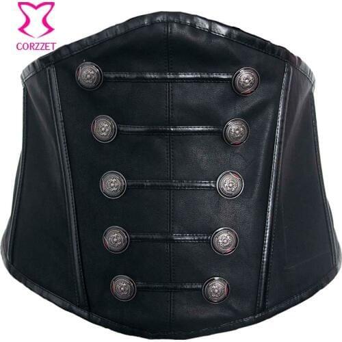 Black Leather Double Button Lace Up Gothic Waist Belt Slimming Waist Trainer Belt Steampunk Corset Belt Wide Belts For Women