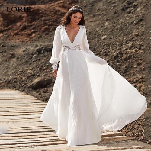 LORIE Chiffon Bohemian Simple Wedding Dresses Puff Sleeves Sexy V Neck Bride Dress V Back Country Wedding Gown