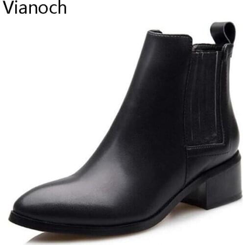 Vianoch New Fashion Woman Ankle Boots Warm Fur Womens Shoes Block Heel Shoe Lady Black Pointed Toe wo1808147