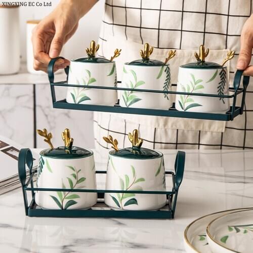 Japanese Style Ceramic Seasoning Jar Household MSG Salt Sugar Combination Set Seasoning Box Kitchen Storage Jar Three-piece Set