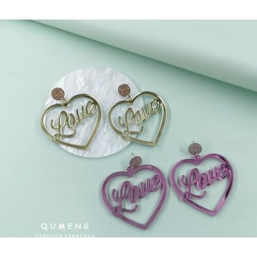 QUMENG 2021 New Classic Fashion Simple Geometric Heart Female Acrylic Acetate LOVE Drop Earrings Temperament Jewelry Wholesale