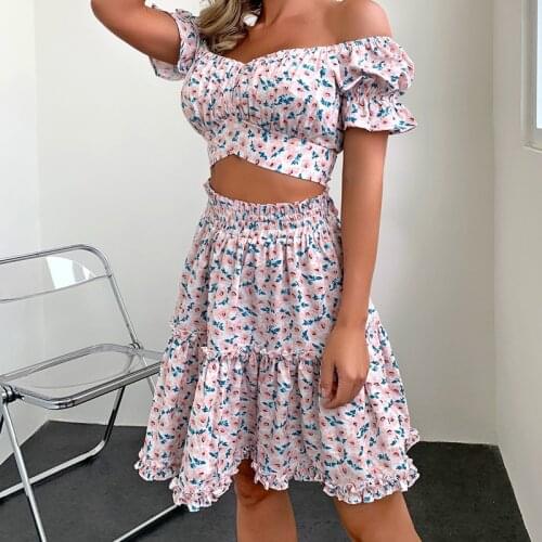 Dress Suits Womens 2021 Women’s Casual T-shirt and Skirt Suit Fashion Floral Boat Neck Tops and A-line Mid-length Skirt