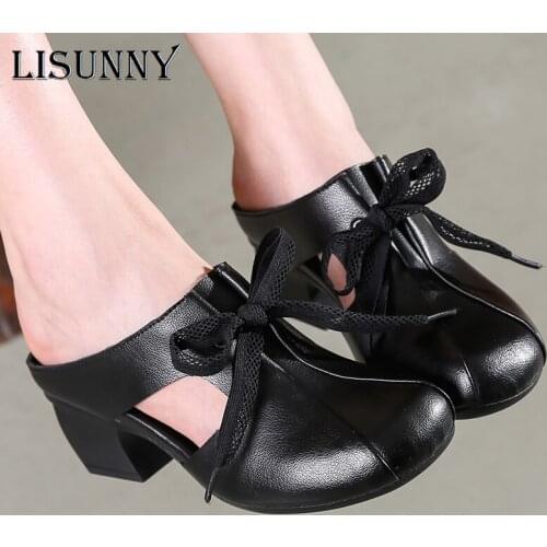 LISUNNY 2021 Summer Womens Genuine Leather Clogs Shoes Round Head Slip On Femme Slippers Retro Handmade Zapatillas Mujer