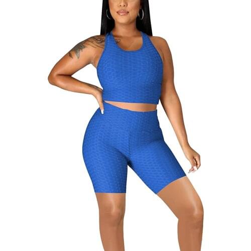 Womens Sports Two Piece Suit Summer Solid Color Yoga Running Sets U-neck Cropped Vest+High Waist Shorts Female Workout Outfits