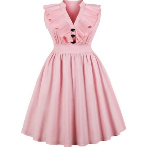 Plus Size Vintage Dresses for Women 50s 60s Tunic Sundress Button Front V Neck Ruffle Trim Pink Elegant Party Pleated Midi Dress
