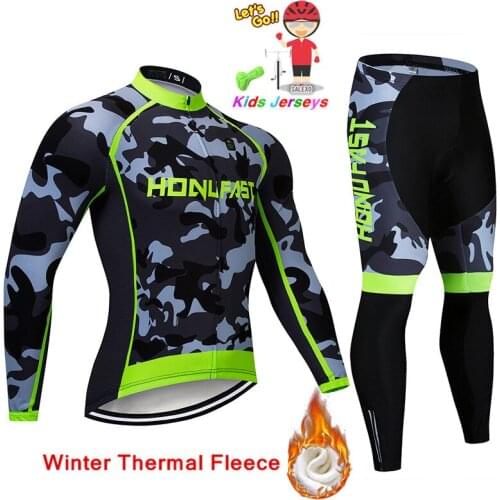 New Camouflage Cycling Clothing Sets 02 Kids Winter Thermal Fleece Cycling Jersey Children Maillot Ciclismo Boy Bicycle Jacket