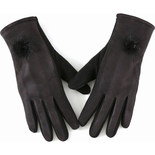 Winter ladies suede touch screen warm gloves fashion hair ball decoration riding running windproof full finger gloves B75