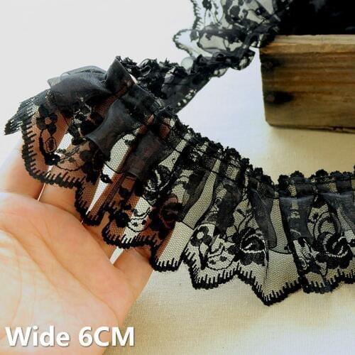 6CM Wide Double Layers Black Organza Embroidery Flowers Lace Ruffle Trim Collar Neckline Applique Cloth Sewing Splicing Material