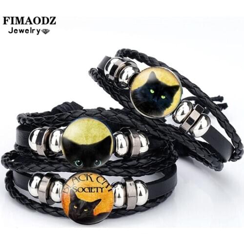 FIMAODZ Black Cat Punk Bracelets for Women Kids Halloween Kitty Bird Photo Glass Gem Black Braided Bracelet Gift Jewelry