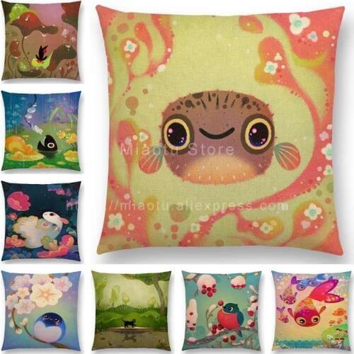 Super Cute Cartoon Animals Pufferfish Cushion Cover Lovely Bird Sweet Nest Interesting Fish Cat Frog Fox Throw Pillow Case
