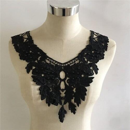 Exquisite Black Hollow Lace Collar ABS Pearl Embroidery Polyester Fabric DIY Decorative Lace Clothes Fake Collar Accessories