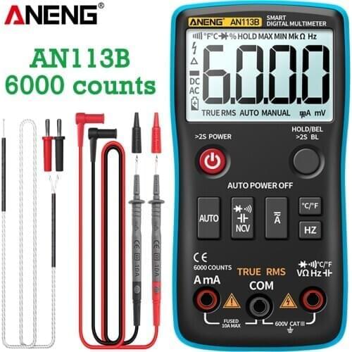 ANENG AN113B Digital Multimeter True RMS with Temperature Tester 6000 Counts Auto-Ranging AC/DC Transistor Voltage Meter