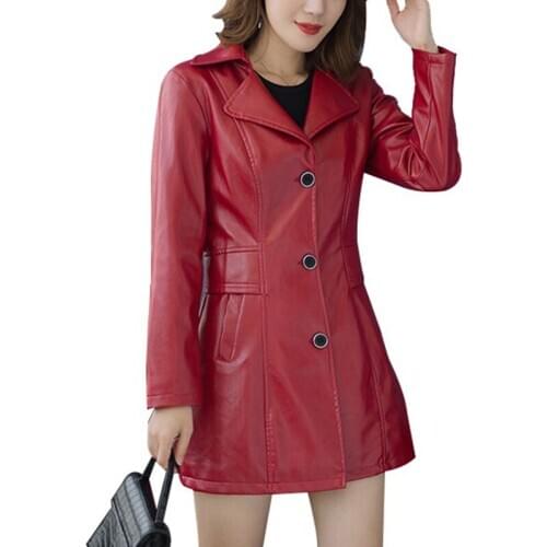 Spring Autumn PU Leather Long Jacket Women Single Breasted Slim Coat Ladies Chic Fashion Plus Size Black Red Jackets Windbreaker