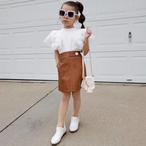 40# Child Clothes Baby Girls Solid Color Flying Sleeves Ruffled Mesh Stitching Top + Short Skirt Leather Summer Two-piece Suit