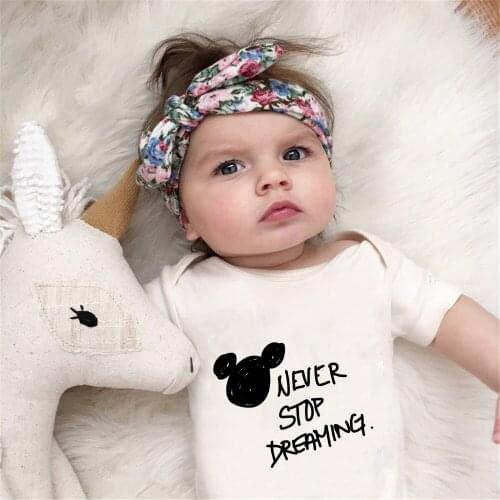 Never Stop Dreaming Mickey Head Print Baby Boys Girls Clothes Newborn Rompers Summer White O-neck Infant Toddler Jumpsuits
