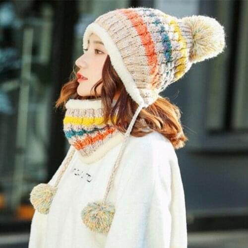 New Hat & Scarf Set Women Winter Hat High Quality Add Fur Lined Flanging Cap Stylish Rainbow Bar Beanie Hat Female Warm Thick Ou
