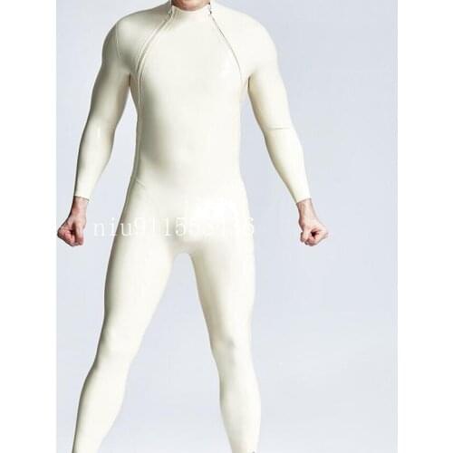 Handmade Latex Catsuit Male Rubber Bodysuit White Color with 2 Front Zippers Men Cosplay Costume