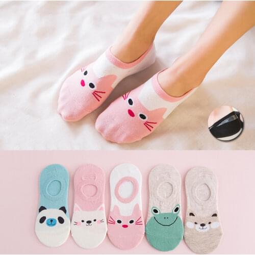 Summer Women Invisible Socks Cotton Cute Cartoons Thin Silicone Non-slip Female Low Cut Socks