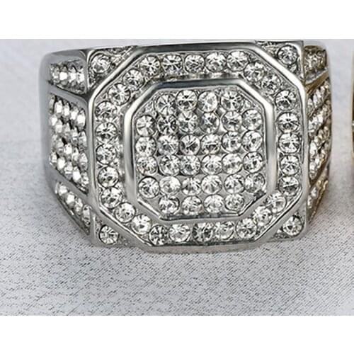 Exquisite Alloy Full Crystal Geometric Octagon Mens Finger-Ring Party Anniversary Male Ring Fashion Jewelry Size7-14 Whole Sale