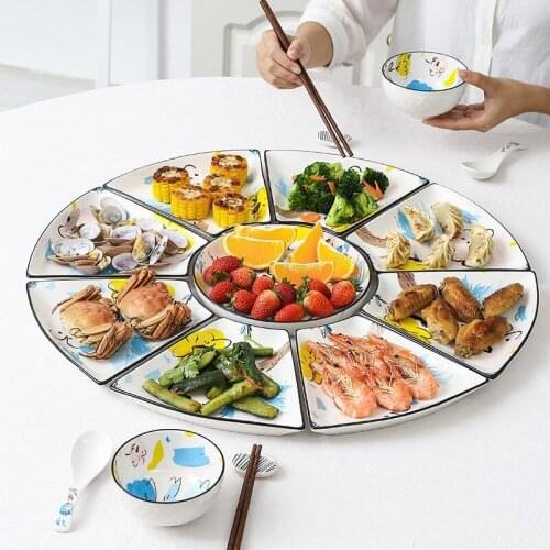 9 Pcs Ceramic Combination Plate Set Flat Bottom Platter Porcelain Tableware Underglaze Color Suitable Oven Dishwasher CZY1041