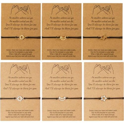 Sun & Moon Friendship Lover Couple Friend Family Wish You Me Promise Card With 3 Card Adjustable Bracelet Gift