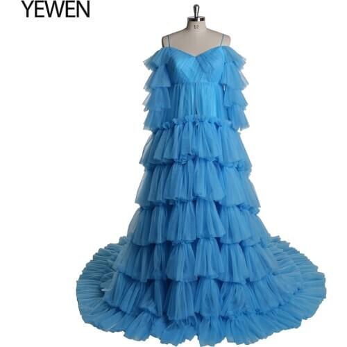 New Arrival Ruffles Off Shouler Long Sleeves Blue Open Front Maternity Robe Prom Gown