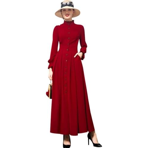 Trench Dress Buttons 2019 Spring Autumn Runway Dress Womens Red Ankle-length Long Dress DZ2033