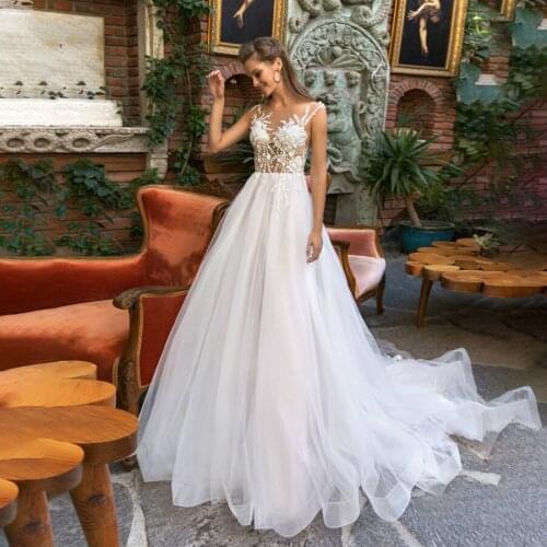 See Through Bodice with Lace Decorate A-line Blush Color Wedding Gowns Illusion Back Bridal Dress vestiti da sposa