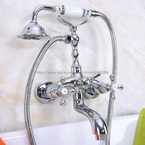 Luxury Chrome Finish Dual Cross Handles Wall Mounted Bathtub Shower Faucet Telephone Style Tub Mixer Taps With Handshower Bna197