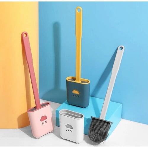 Toilet Brush Water Leak Proof With base Silicone Wc Flat Head Flexible Soft Bristles Brush with Quick Drying Holder Set