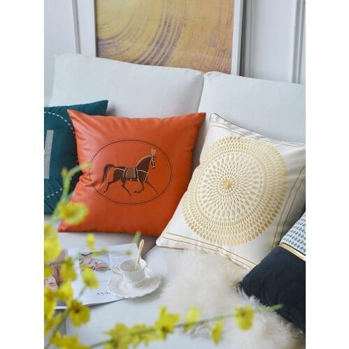 Morden orange pu leather horse cushion cover black white houndstooth pillowcase sofa decorative pillow covers