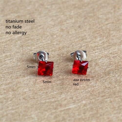 Titanium Stud Earrings With 5mm AAA Red Square Zircons 316 L Stainless Steel No Fade No Allergy