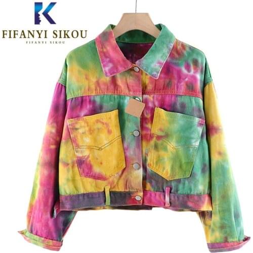 Harajuku Women Tie-dye Denim Jacket Short Coat Fashion Big Pocket Long Sleeves Jeans Jacket Female Streetwear Loose Jeans Coat