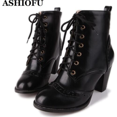 ASHIOFU New Arrival Handmade Ladies Chunky Heels Boots Lace-up Party Prom Ankle Booties Large Size Evening Retro Fashion Boots